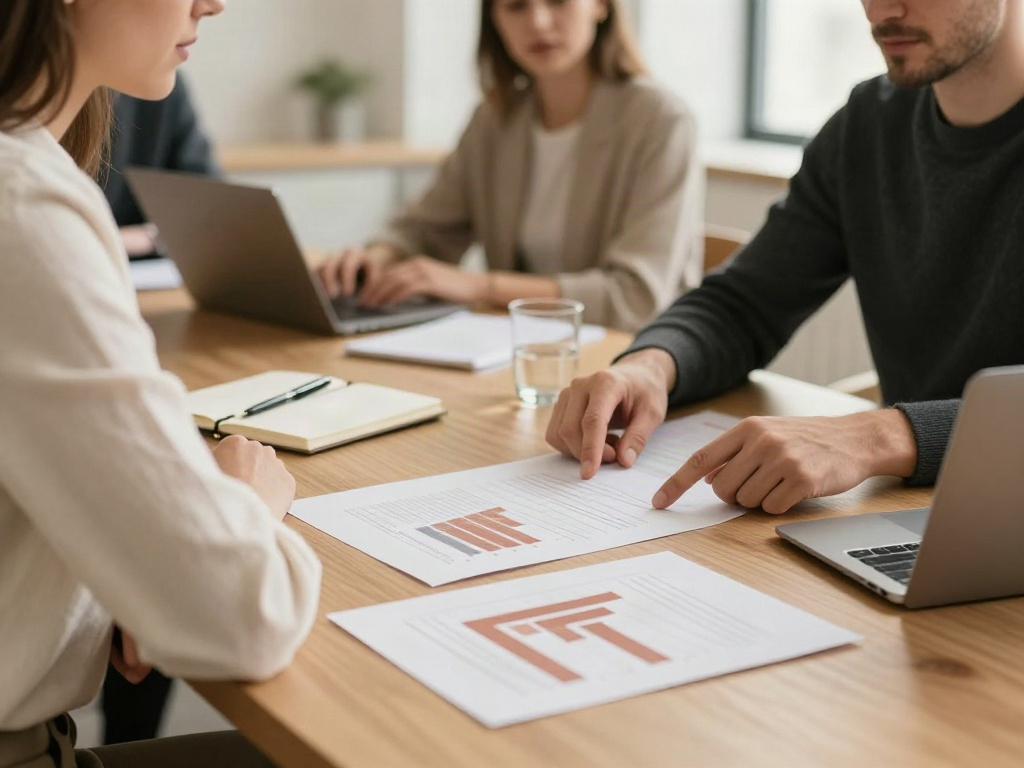 A focused working session with printed analytics and strategic plans on a table